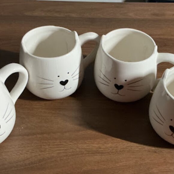 WHITE CAT FACE WITH EARS COFFEE/TEA MUGS SET OF 4 - Picture 2 of 10